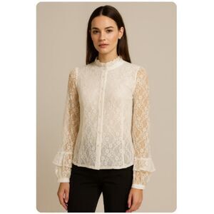 TOV Holy Blouse White Lace Top Shear Button Front Womens Size S